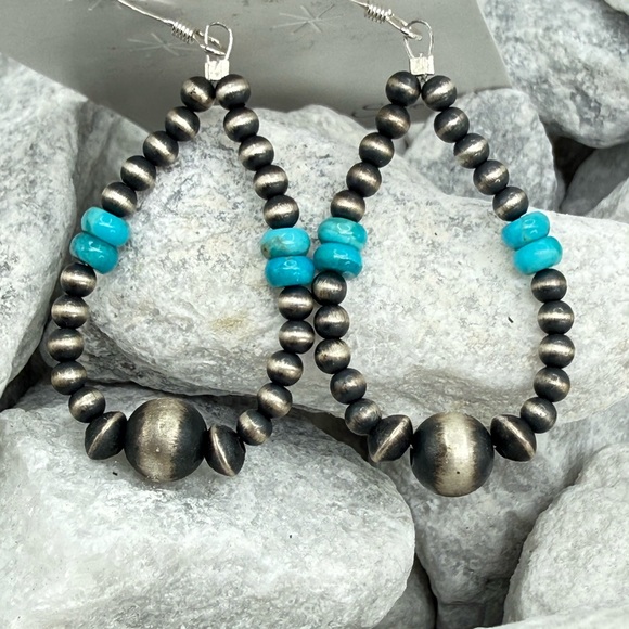 Sterling Silver Navajo Pearl Turquoise Dangle Earrings 2” Southwest Style - Picture 5 of 11
